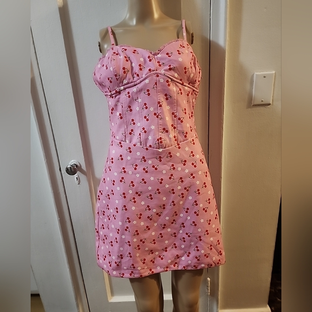 TIGER MIST PINK CORSET BODYCON MINI DRESS Cherry & White Daisy Print Size M NWT